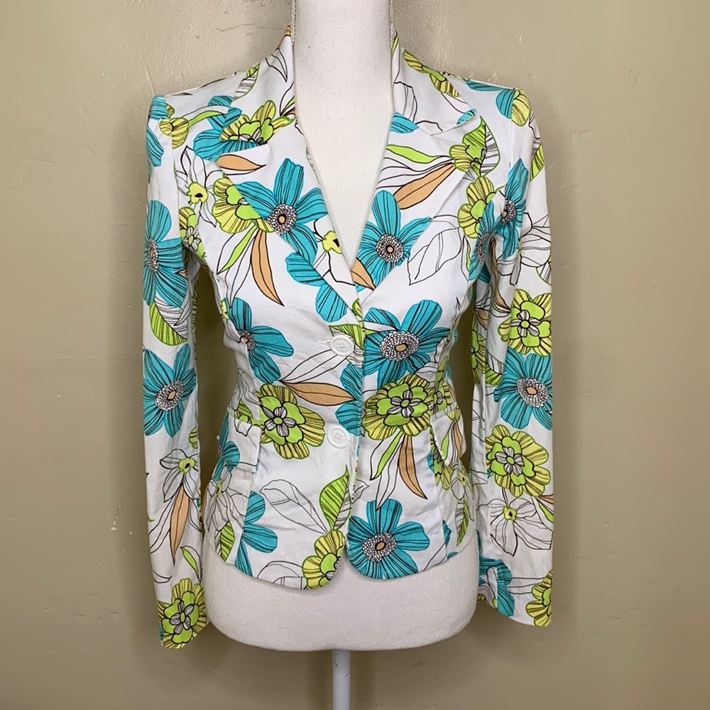 RAMPAGE Y2K Blazer Blue White ESTILO Barbie Core Floral 70’s Vibe Fitted Small